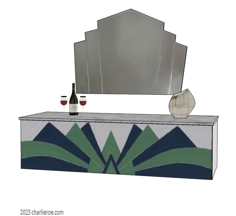 new Art Deco wall hung console table with Cubist style fan shaped painted lacquered design with matching style fan shaped wall mirror