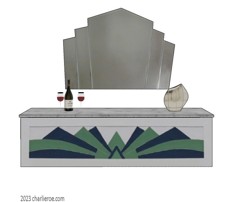 new Art Deco wall hung console table with Cubist style fan shaped painted lacquered design with matching style fan shaped wall mirror