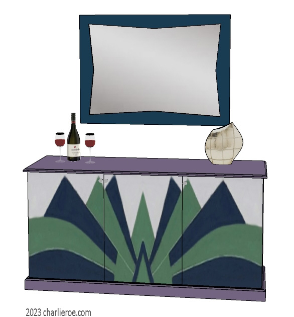 new Art Deco console table with Cubist style fan shaped painted lacquered design with matching style fan shaped wall mirror