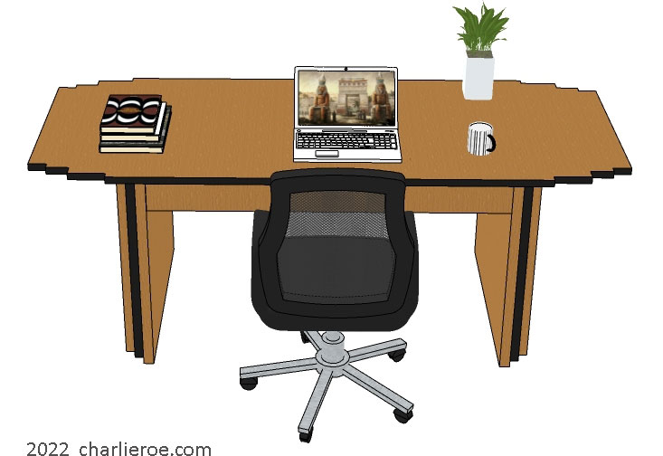 New Art Deco desk table with stepped top and table supports in a wood finish