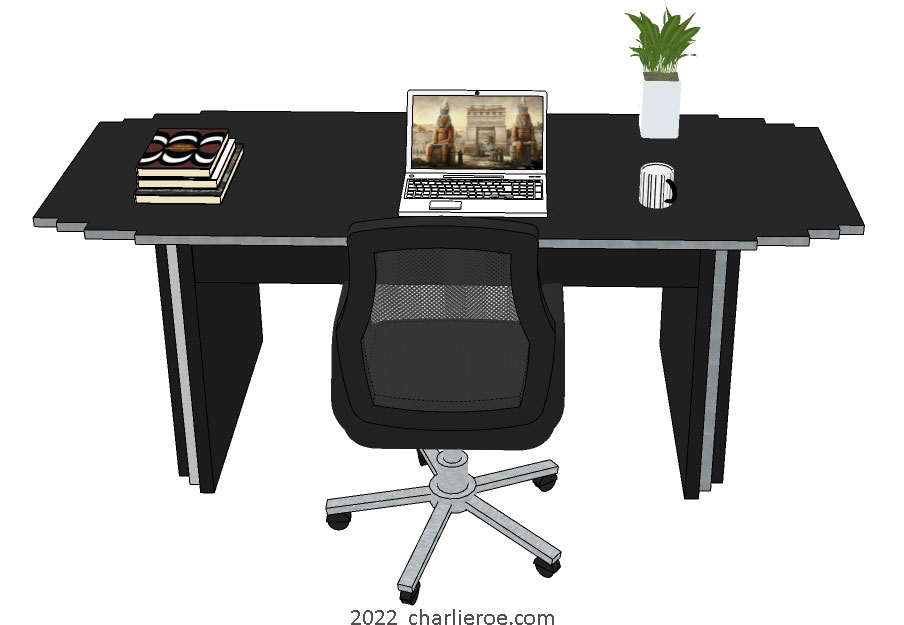 New Art Deco desk table with stepped top and table supports in a painted lacquered black & silver finish