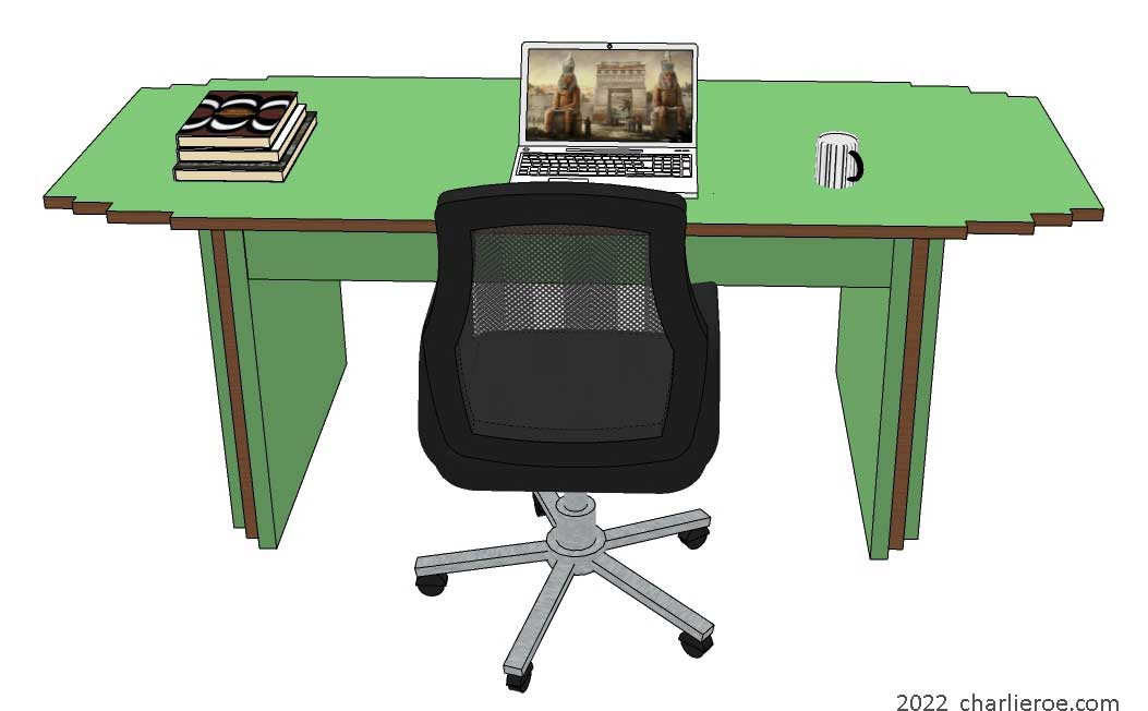 New Art Deco desk table with stepped top and table supports in a painted lacquered green & wood finish
