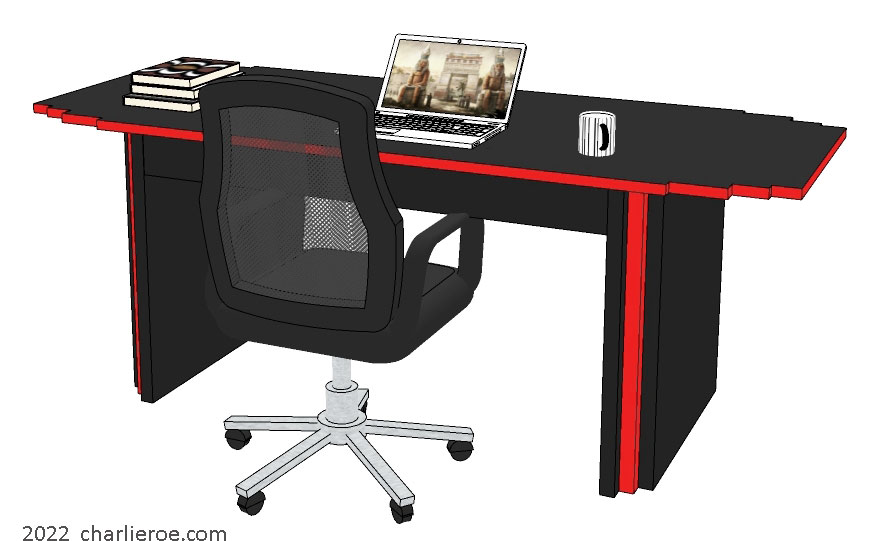 New Art Deco desk table with stepped top and table supports in a painted lacquered black & red finish