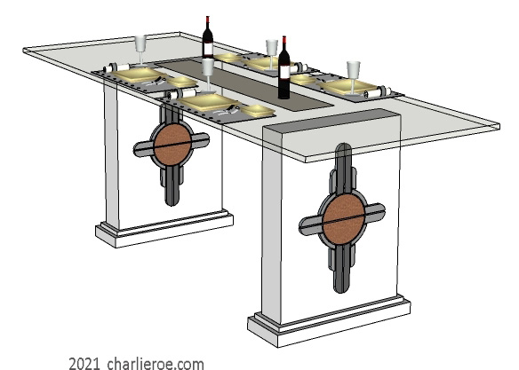 New Art Deco dining tables with glass top and painted Abstract Deco decorative panels on table supports