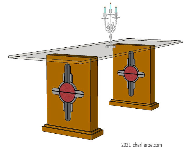 New Art Deco dining tables with glass top and painted Abstract Deco decorative panels on table supports