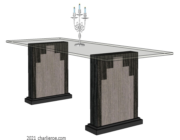 New Art Deco Skyscraper style dining table with glass top and marquetry veneer Skyscraper style panels on table supports