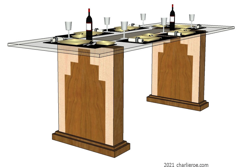 New Art Deco Skyscraper style dining table with glass top and marquetry veneer Skyscraper style panels on table supports