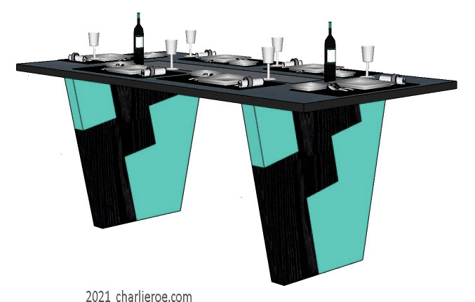 New Art Deco Cubist Skyscraper style dining table with a glass top and decoratively painted & veneered & silver leafed splayed supports