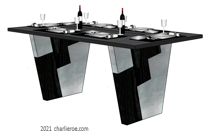 New Art Deco Cubist Skyscraper style dining table with a glass top and decoratively painted & veneered & silver leafed splayed supports