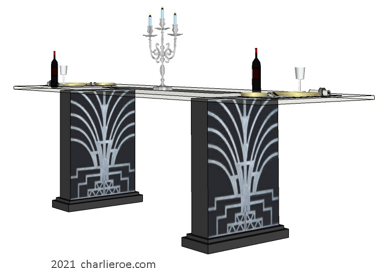 New Art Deco dining table with glass top and steel designs on the black lacquered table supports