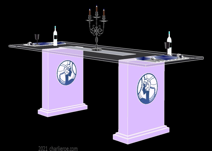 New Art Deco Moderne glass topped dining tables sitting on 2 boxy supports with decorative Flapper roundel on the table supports