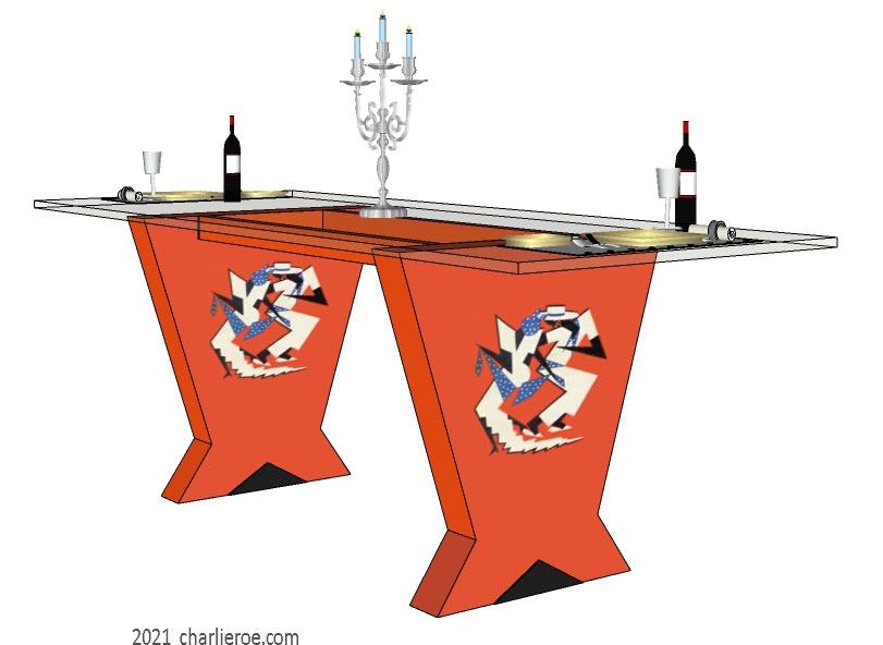 New Art Deco Cubist Skyscraper style dining table with a glass top and decoratively painted & veneered & silver leafed splayed supports