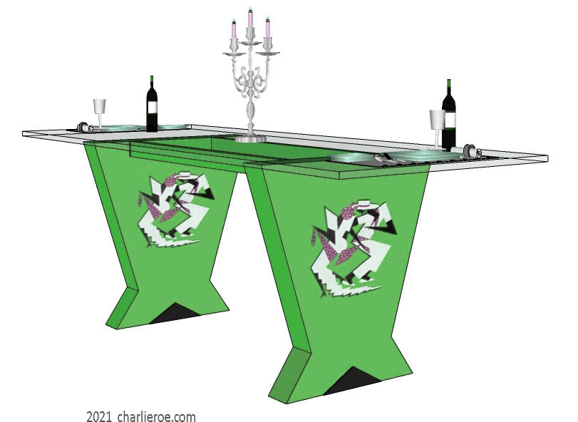 New Art Deco Cubist Skyscraper style dining table with a glass top and decoratively painted & veneered & silver leafed splayed supports