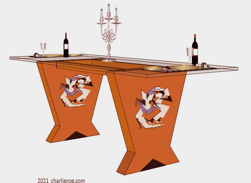 New Art Deco Cubist Skyscraper style dining table with a glass top and decoratively painted & veneered & silver leafed splayed supports