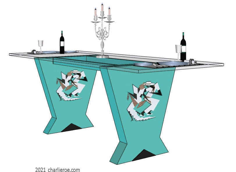 New Art Deco Cubist Skyscraper style dining table with a glass top and decoratively painted & veneered & silver leafed splayed supports