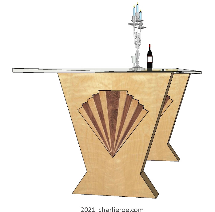 New Art Deco Cubist style dining table with glass top and splayed angled wood table supports and applied wooden fan shapes