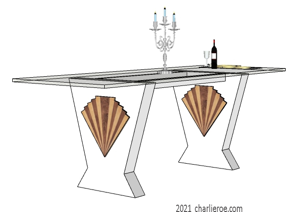 New Art Deco Cubist style dining table with glass top and splayed angled wood table supports and applied wooden fan shapes
