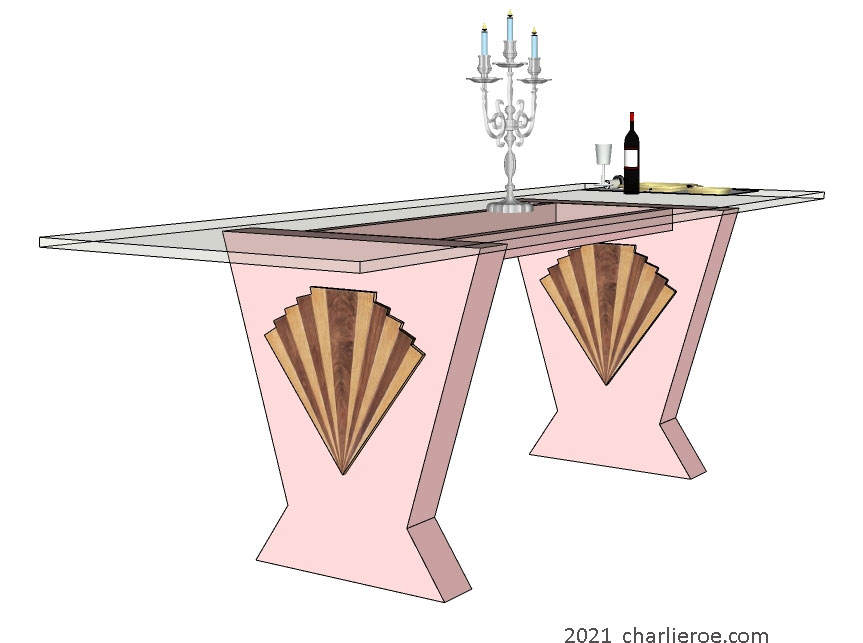 New Art Deco Cubist style dining table with glass top and splayed angled wood table supports and applied wooden fan shapes