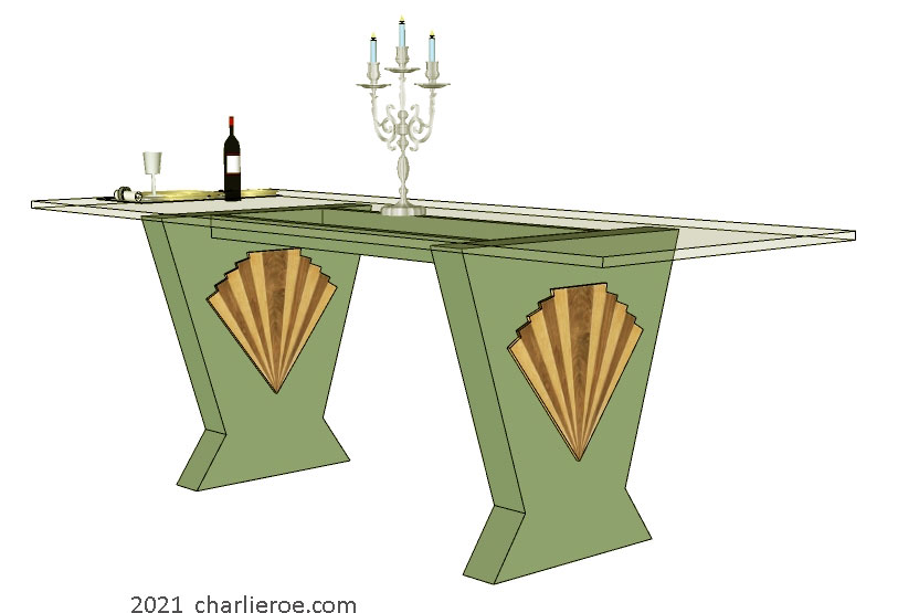 New Art Deco Cubist style dining table with glass top and splayed angled wood table supports and applied wooden fan shapes