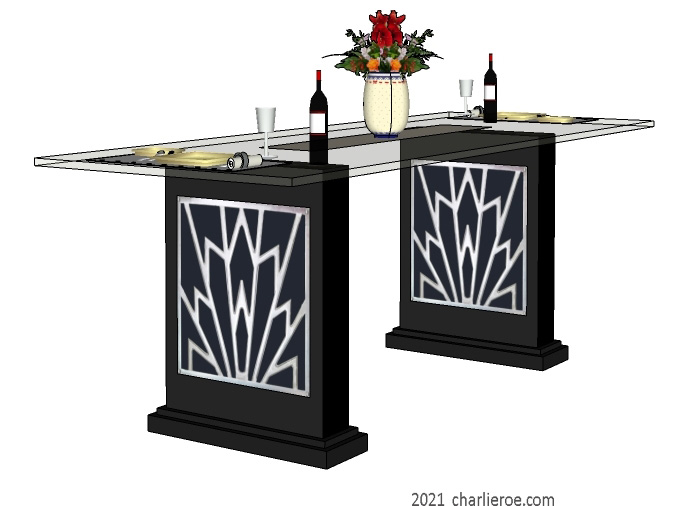 New Art Deco dining table with glass top and steel silver aluminium Cubist Deco designs on the table black lacquered supports