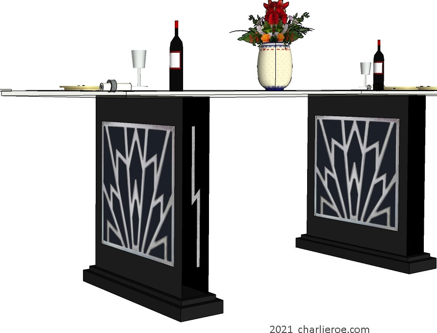 New Art Deco dining table with glass top and steel silver aluminium Cubist designs on the black lacquered table supports