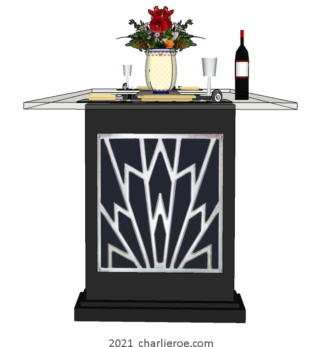New Art Deco dining table with glass top and steel silver aluminium Cubist designs on the black lacquered table supports
