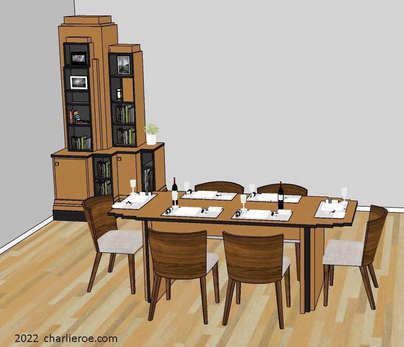 New Art Deco dining table with dining chairs in a roomset wih a matching bookcase display unit in wood finishes