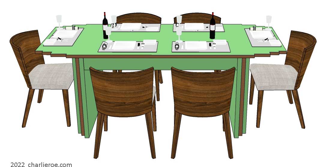New Art Deco dining table with stepped top and table supports painted lacquered green with wood edges detail finish