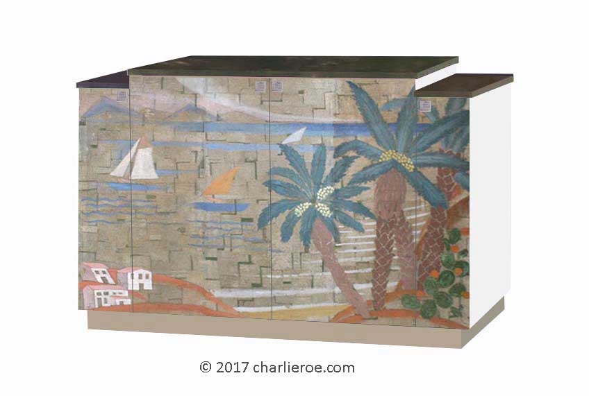 New Art Deco matching stepped top 4 door sideboard with painted Cubist seascape panels on the doors