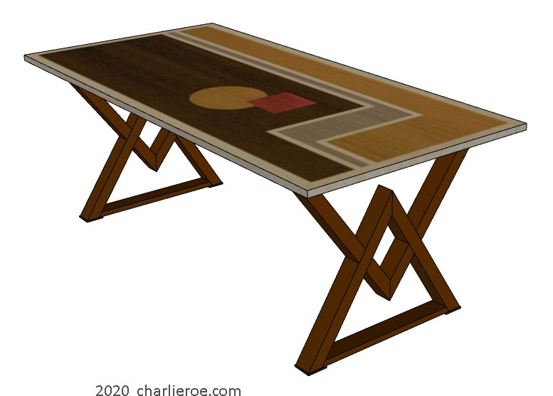 New Art Deco steel Cubist base dining table with marquetry veneered Cubist design table top