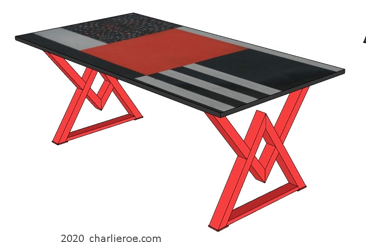 New Art Deco steel Cubist base dining table with painted Cubist design table top