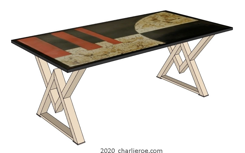New Art Deco steel Cubist base dining table with painted Cubist design table top