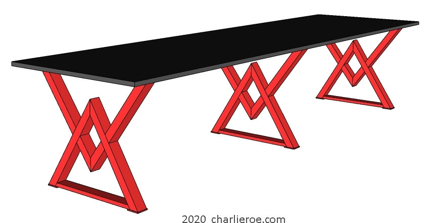 New Art Deco steel Cubist triple base dining table with painted table top