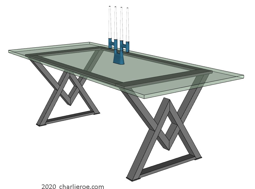 New Art Deco steel Cubist base dining table with glass table top