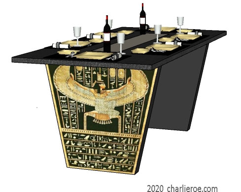 new Art Deco ancient Egyptian Revival style dining table with Pylon shaped painted base supports & ornate Egyptian style designs & stone top