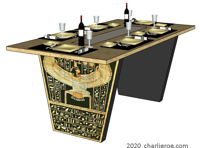 new Art Deco ancient Egyptian Revival style dining table with Pylon shaped painted base supports & ornate Egyptian style designs & stone top