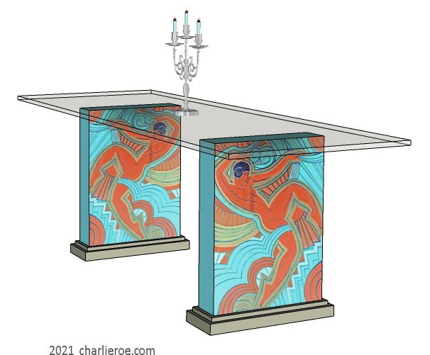 New Art Deco dining tables with glass top and painted Josephine Baker Follies Bergere painted panels on table supports