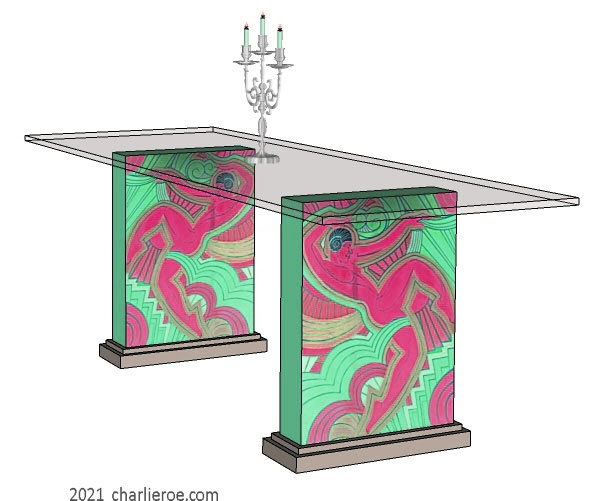 New Art Deco dining tables with glass top and painted Josephine Baker Follies Bergere painted panels on table supports