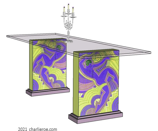 New Art Deco dining tables with glass top and painted Josephine Baker Follies Bergere painted panels on table supports