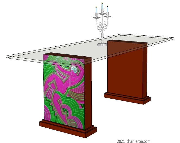 New Art Deco dining tables with glass top and painted Josephine Baker Follies Bergere painted panels on table supports