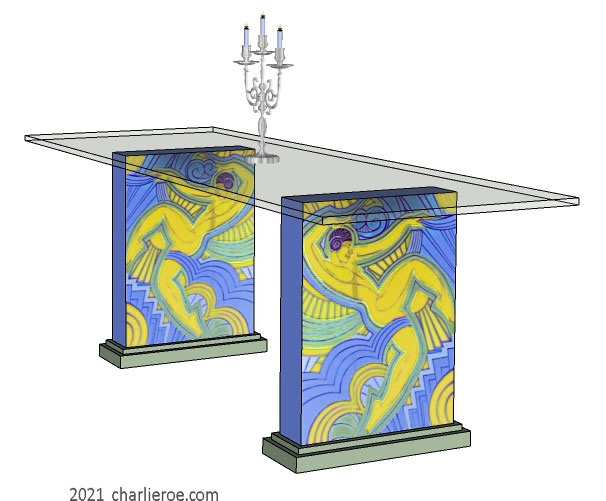 New Art Deco dining tables with glass top and painted Josephine Baker Follies Bergere painted panels on table supports