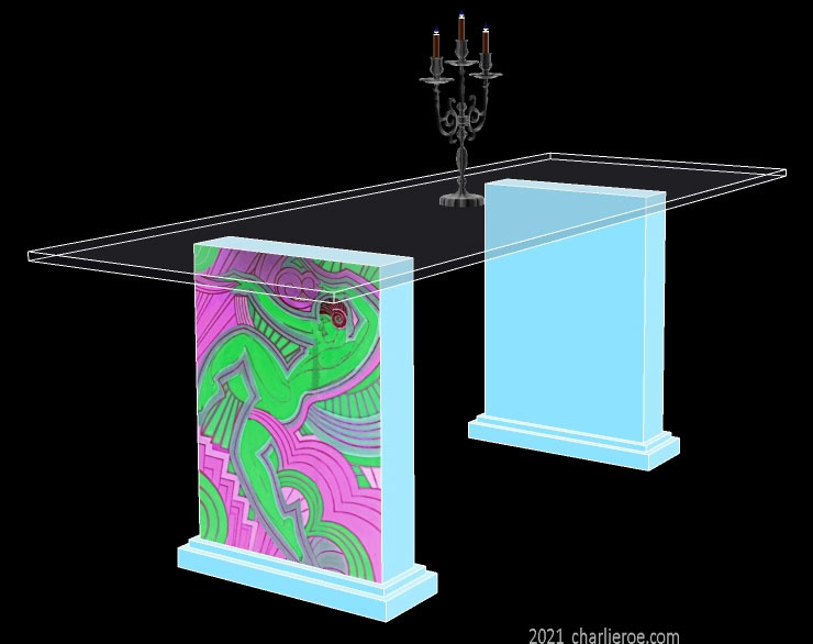 New Art Deco dining tables with glass top and painted Josephine Baker Follies Bergere painted panels on table supports