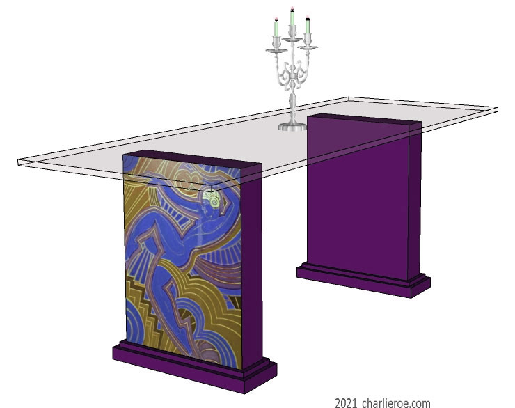 New Art Deco dining tables with glass top and painted Josephine Baker Follies Bergere painted panels on table supports