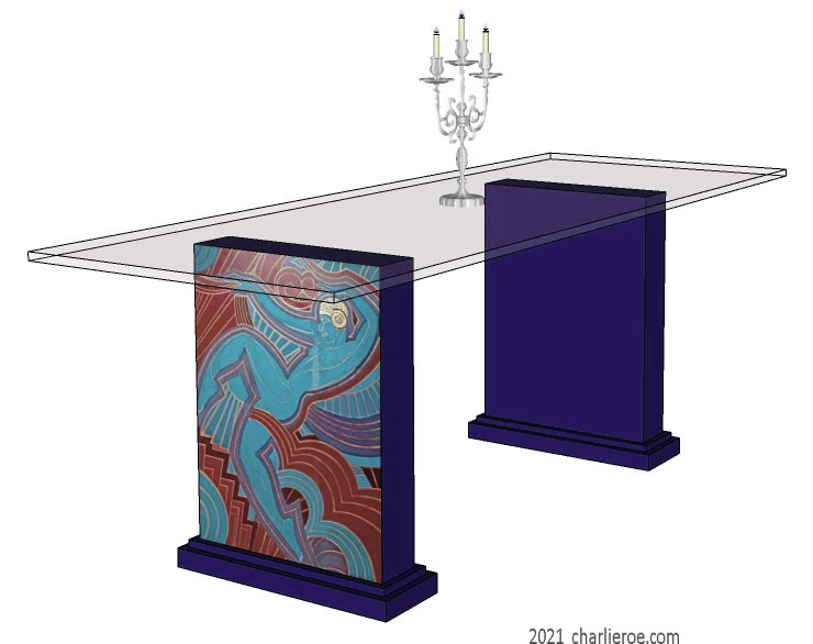 New Art Deco dining tables with glass top and painted Josephine Baker Follies Bergere painted panels on table supports