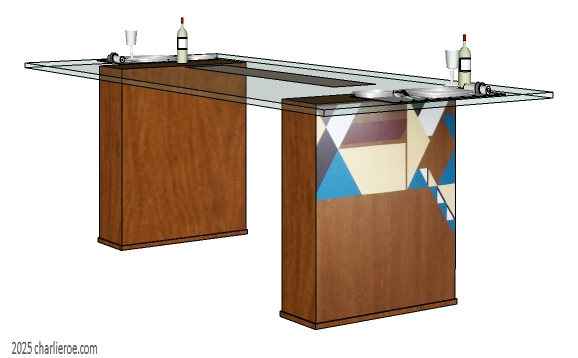 New Frank Lloyd Wright & Gene Masselink dining table with wood finish & painted geometric designs & glass top