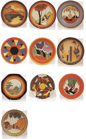 Clarice Cliff Art deco painted plate designs