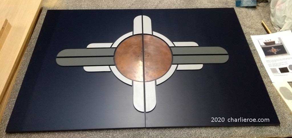 New bespoke Art Deco circular antiqued copper backplate and circular cabinet cupboard furniture wardrobe door handles  on a new bespoke built-in vanity unit