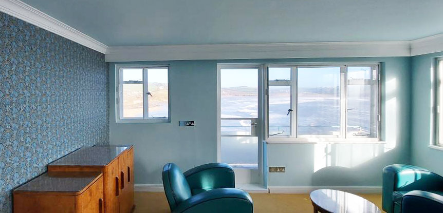 New Art Deco stepped skirting base board joinery & plaster cornice crown mouldings in a well known UK Art Deco hotel