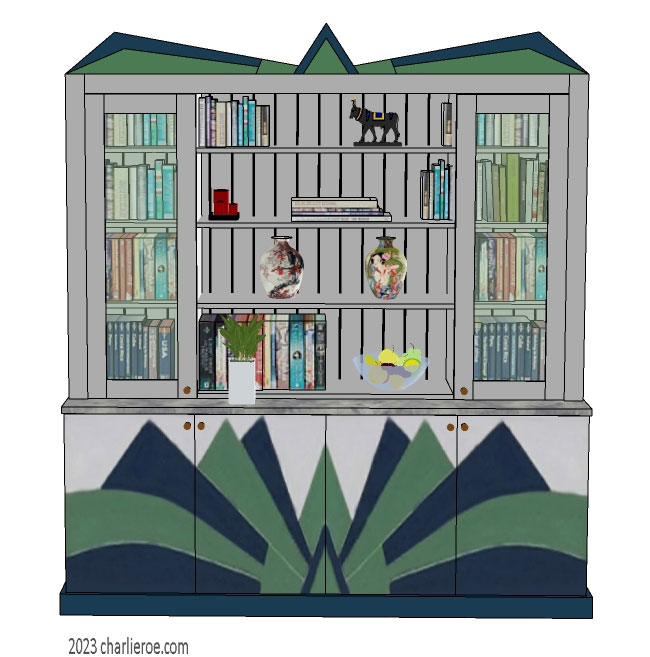 new Art Deco Skyscraper style stepped kitchen dresser bookcase with painted Cubist fan shaped doors design & pediment