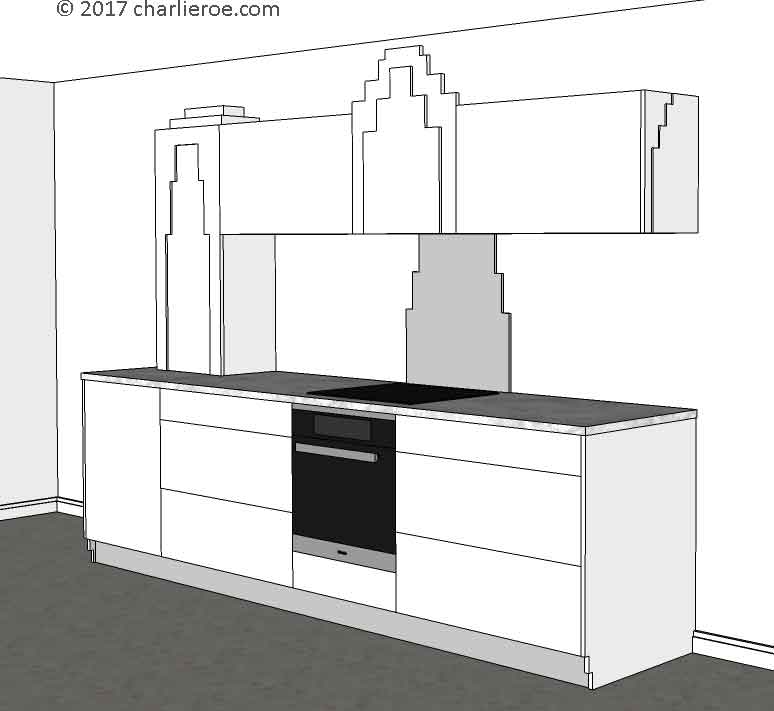 new Art Deco stepped Skyscraper style fitted kitchen furniture in lacquered finishes
